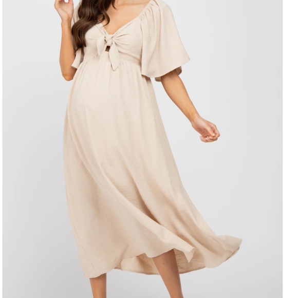 PinkBlush Beige Textured Dot Front Tie Ruffle Sleeve Maternity Dress - Picture 1 of 2